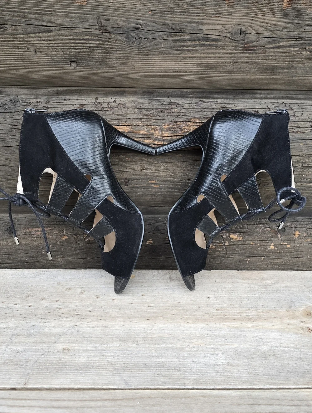 Nine West Stiletto Y2K Glam Revival Caged Lace Up Stiletto Bootie 8.5M